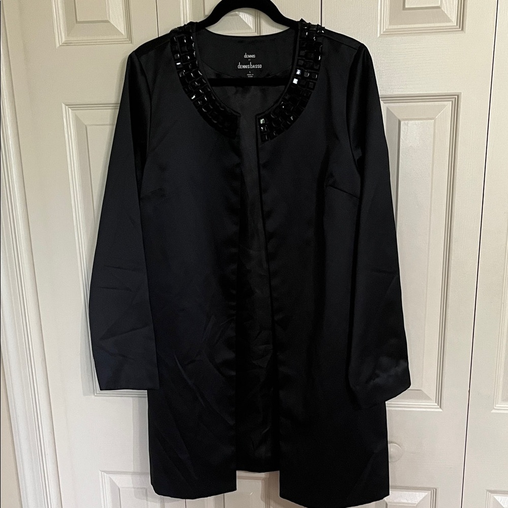 dennis basso Black Embellished Collar Satin Coat